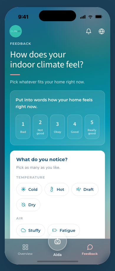 The Feedback screen, letting the tenant say how the room feels